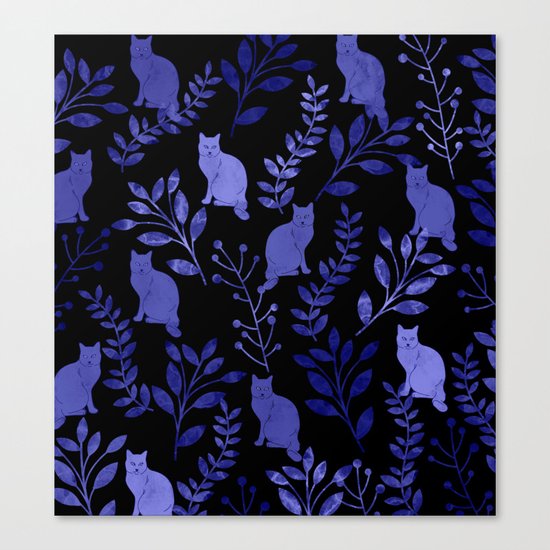 Watercolor Floral and Cat Canvas Print