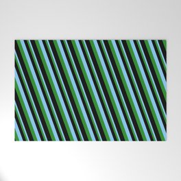 [ Thumbnail: Light Sky Blue, Forest Green & Black Colored Pattern of Stripes Welcome Mat ]