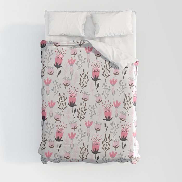 Mod Floral Pink + Gray Duvet Cover