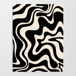 Retro Liquid Swirl Abstract in Black and Almond Cream  Poster