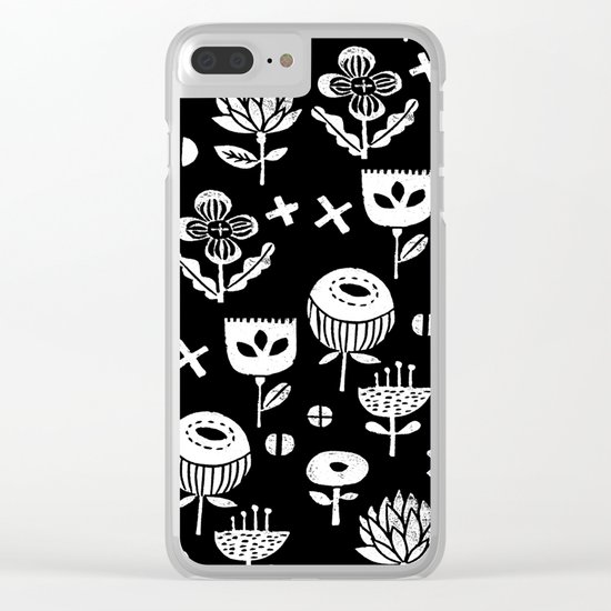 Linocut floral florals minimal scandinavian minimalist art print pattern black and white Clear iPhone Case