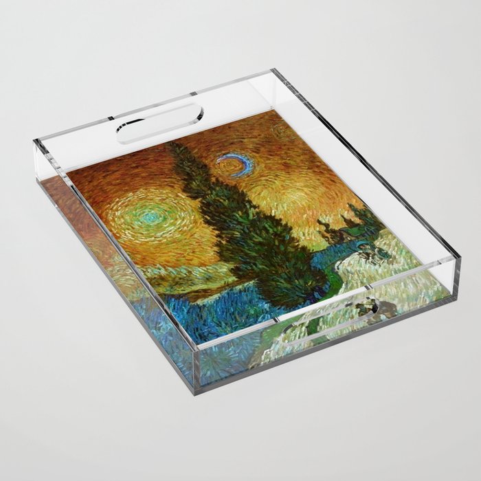 Road with Cypress and Star; Country Road in Provence by Night, oil-on-canvas post-impressionist landscape painting by Vincent van Gogh in alternate gold twilight sky Acrylic Tray