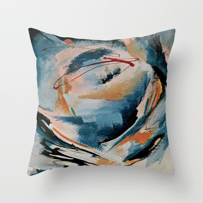 Drift 6: a bold mixed media piece in blues, brown, pink and red Throw Pillow