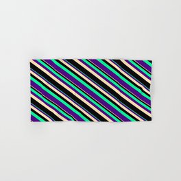 [ Thumbnail: Green, Indigo, Beige, and Black Colored Striped Pattern Hand & Bath Towel ]