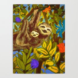 Mom Sloth and Baby Sloth Hanging in the Jungle Poster