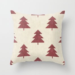 Cozy Boho Nordic Knitted Christmas Tree Pattern Neutral and Red Throw Pillow