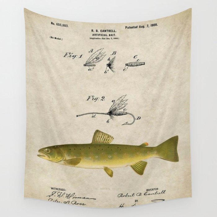 Vintage Brown Trout Fly Fishing Lure Patent Game Fish Identification Chart Wall Tapestry