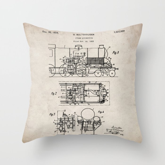 Steam Train Patent - Steam Locomotive Art - Antique Throw Pillow