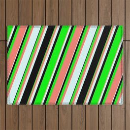 [ Thumbnail: Lime, Salmon, Light Cyan, and Black Colored Striped Pattern Outdoor Rug ]