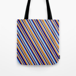 [ Thumbnail: Dark Orange, Dark Blue & Light Sky Blue Colored Lines/Stripes Pattern Tote Bag ]