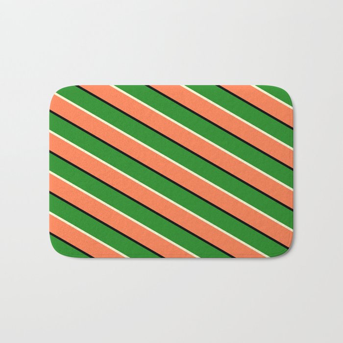 Forest Green, Light Yellow, Coral & Black Colored Striped Pattern Bath Mat