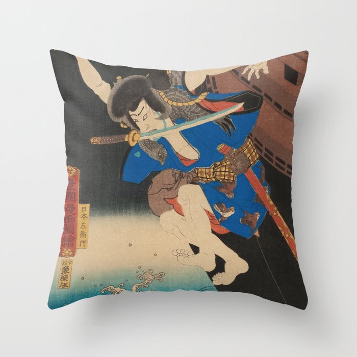 Samurai Jumping From The Ship Into The Sea - Antique Japanese Ukiyo-e Woodblock Print Art Throw Pillow
