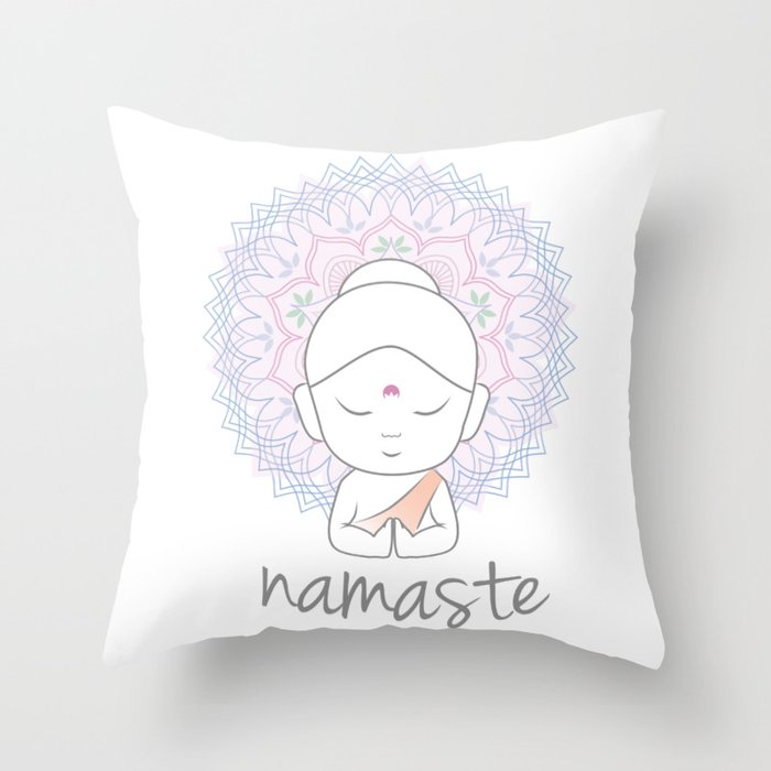 Cute Buddha sending greetings The word 'Namaste' is a respectful greeting also called 'Namaskar' Throw Pillow