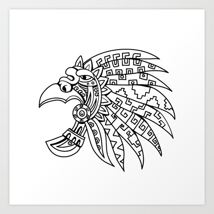 Aztec Feathered Headdress Drawing Black and White Art Print