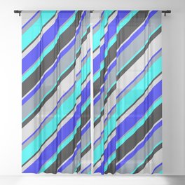 [ Thumbnail: Blue, Light Slate Gray, Aqua, Black & Light Grey Colored Striped/Lined Pattern Sheer Curtain ]
