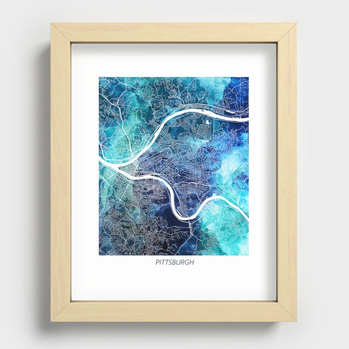 Pittsburgh Pennsylvania Map Navy Blue Turquoise Watercolor USA States Map Recessed Framed Print