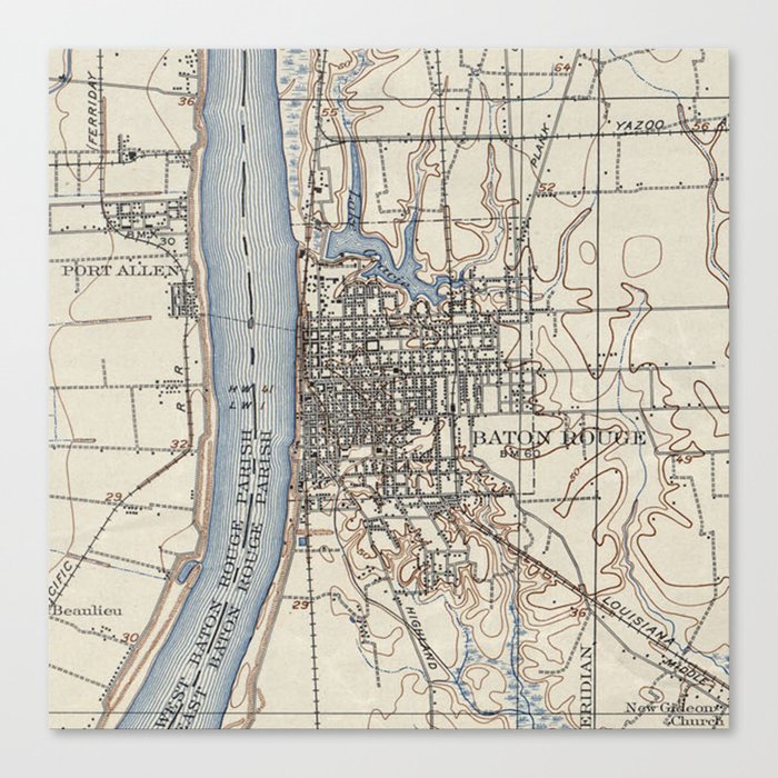 Vintage Map of Baton Rouge Louisiana (1906) Canvas Print by