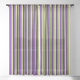 [ Thumbnail: Purple, Black, Tan, and Dark Olive Green Colored Striped Pattern Sheer Curtain ]