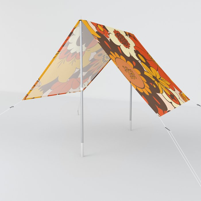 Retro 70s Flower Power, Floral, Orange Brown Yellow Psychedelic Pattern Sun Shade