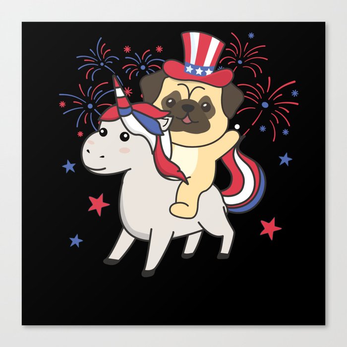 Pug With Unicorn For Fourth Of July Fireworks Canvas Print