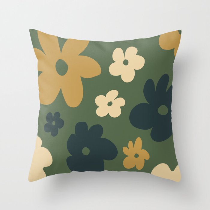 Retro Flowers - Green Throw Pillow