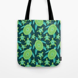 Seamless pattern with green ornament turtles. Sea reptile animal illustration background.  Tote Bag