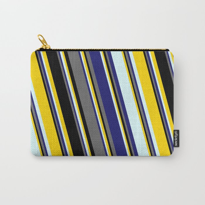Yellow, Light Cyan, Midnight Blue, Dim Grey & Black Colored Striped Pattern Carry-All Pouch