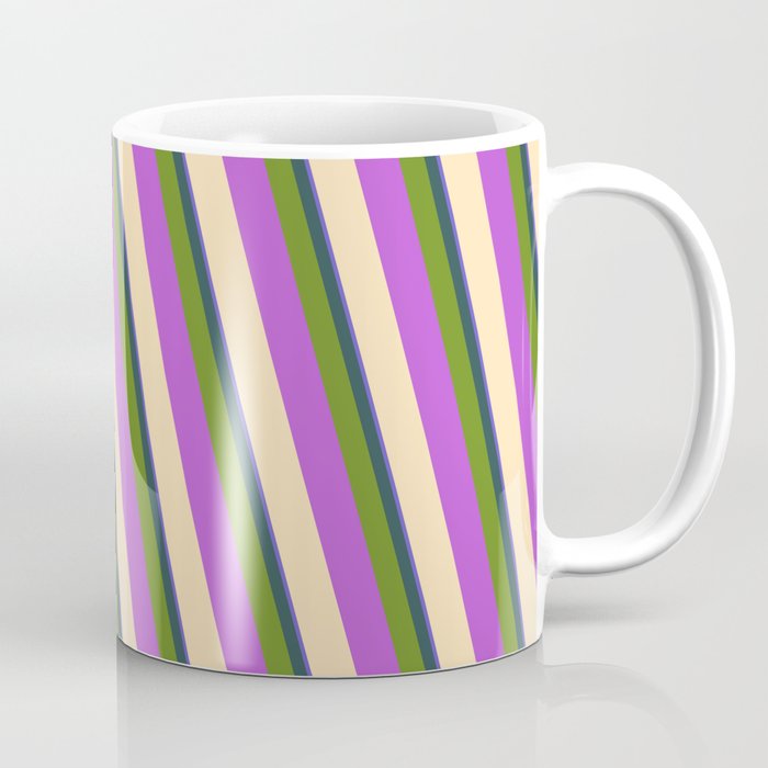 Colorful Slate Blue, Dark Slate Gray, Green, Orchid & Beige Colored Striped Pattern Coffee Mug