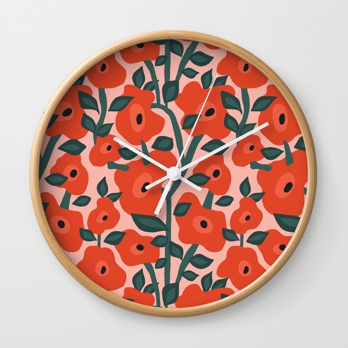 Charming vintage orange poppies flower bed Wall Clock