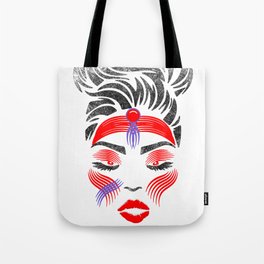 Fashionista with Elegant Makeup Eyelashes, Red Lips, Eyebrows Tote Bag
