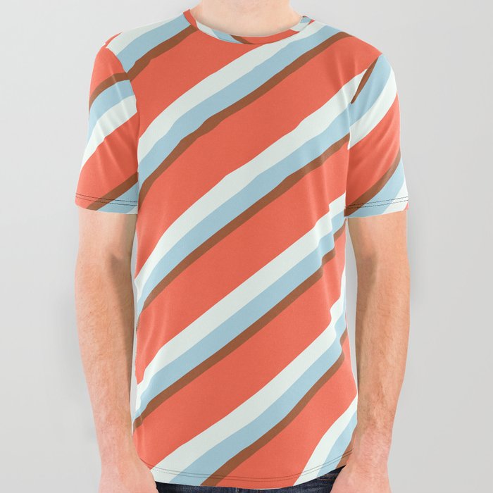 Red, Mint Cream, Light Blue, and Sienna Colored Lines/Stripes Pattern All Over Graphic Tee