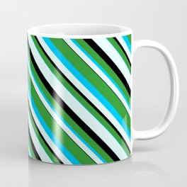 [ Thumbnail: Forest Green, Deep Sky Blue, Light Cyan & Black Colored Stripes/Lines Pattern Coffee Mug ]
