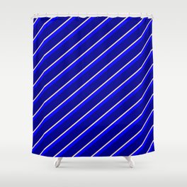 [ Thumbnail: Blue, Dark Blue, and Tan Colored Striped Pattern Shower Curtain ]