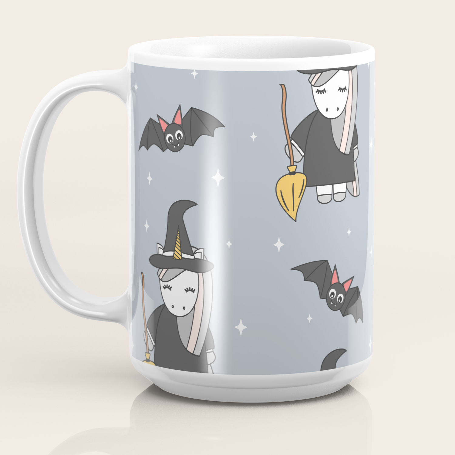 Cute Cartoon Unicorn Witch With Broom And Bats Halloween Pattern Coffee Mug By Alicevacca Society6