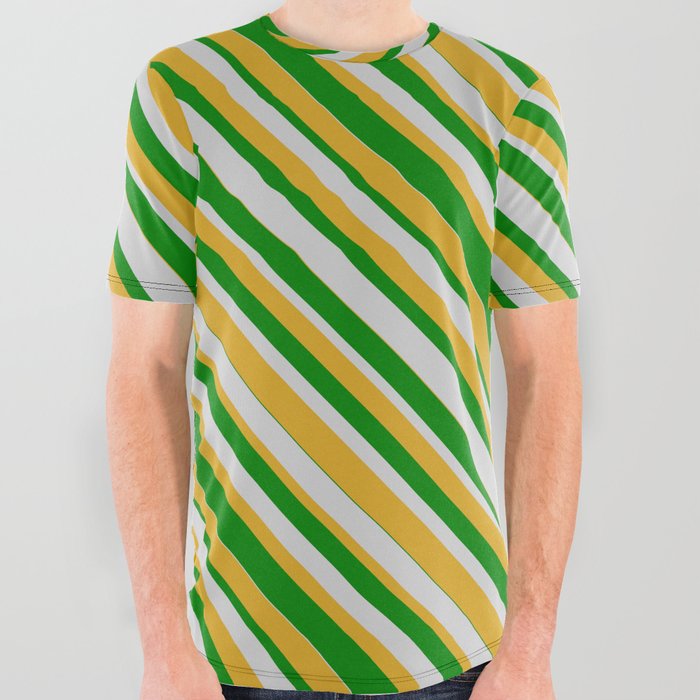 Green, Light Gray, and Goldenrod Colored Striped Pattern All Over Graphic Tee