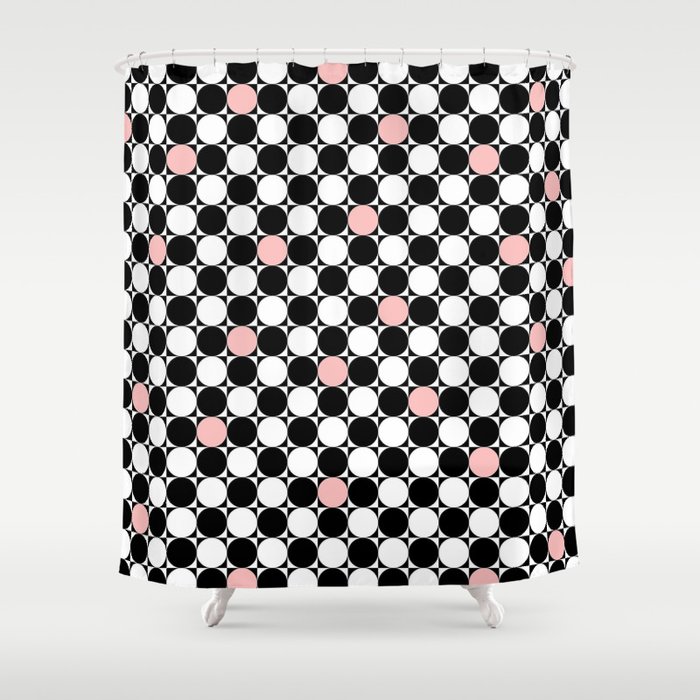 Geometrical abstract pink coral black white polka dots Shower Curtain