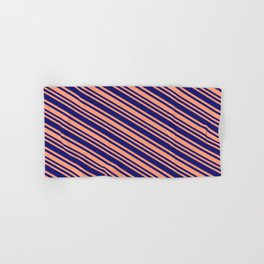 [ Thumbnail: Light Salmon & Midnight Blue Colored Stripes/Lines Pattern Hand & Bath Towel ]