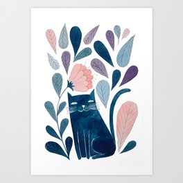 blue cat with pink flower and lilac & blue leaves Art Print