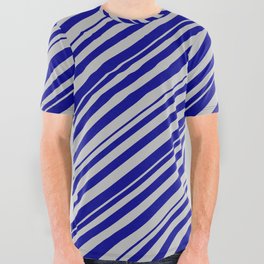 [ Thumbnail: Dark Blue and Grey Colored Lines Pattern All Over Graphic Tee ]