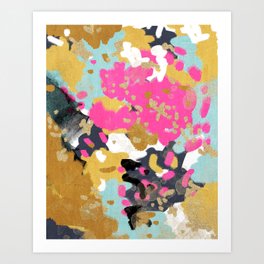 Laurel - Abstract painting in a free style with bold colors gold, navy, pink, blush, white, turquois Art Print