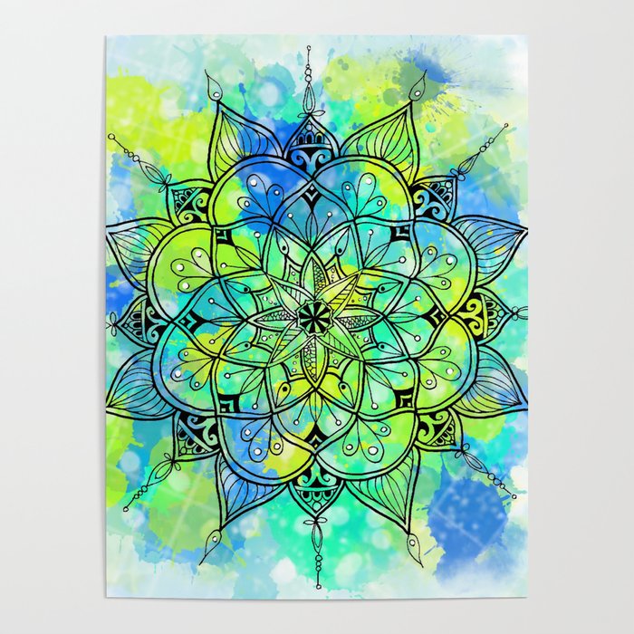 Yellow Green Blue Mandala - Paint Splatter Ray Design  Poster