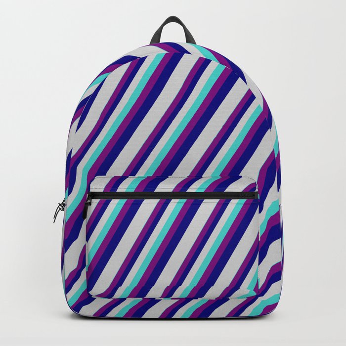 Turquoise, Purple, Blue, and Light Grey Colored Striped/Lined Pattern Backpack