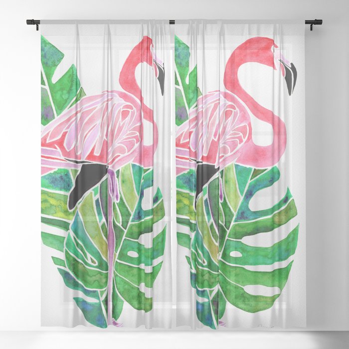 Flamingo and Tropical Leaves Sheer Curtain