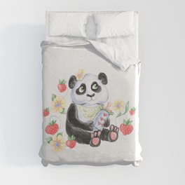 Baby Panda with strawberryes, Girl Baby shower  Duvet Cover