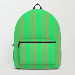 [ Thumbnail: Dark Khaki and Green Colored Stripes/Lines Pattern Backpack ]
