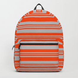 [ Thumbnail: Red and Grey Colored Lined Pattern Backpack ]