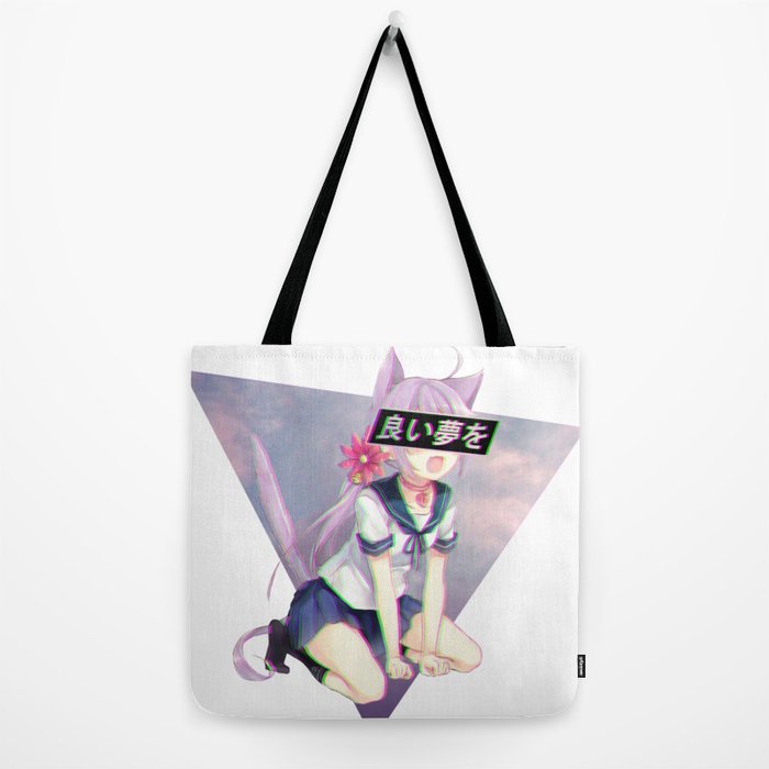 Cat Girl Neko Glitch Sad Japanese Anime Aesthetic Tote Bag By