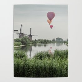 Three Windmills and Hot Air Balloons | Kinderdijk Netherlands Poster