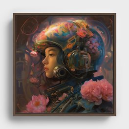 Space Marine Girl, Helmet & Roses Framed Canvas