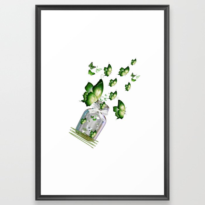 Green Butterflies Flying out of Bottle Framed Art Print
